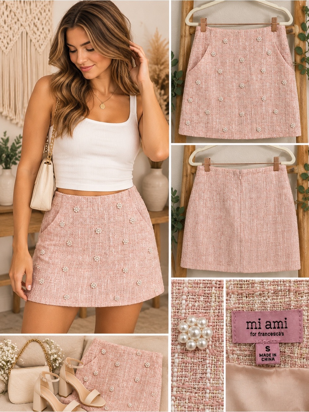 mi ami Blush Pink Tweed Mini Skirt with Pearl Details size small